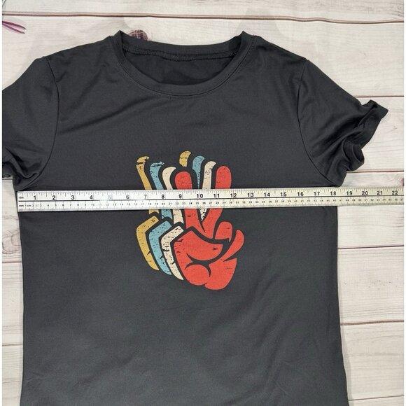 Retro Peace Sign Love 60s 70s Hippie T-Shirt Size S Grey Blue Polyester Spandex - Picture 6 of 8